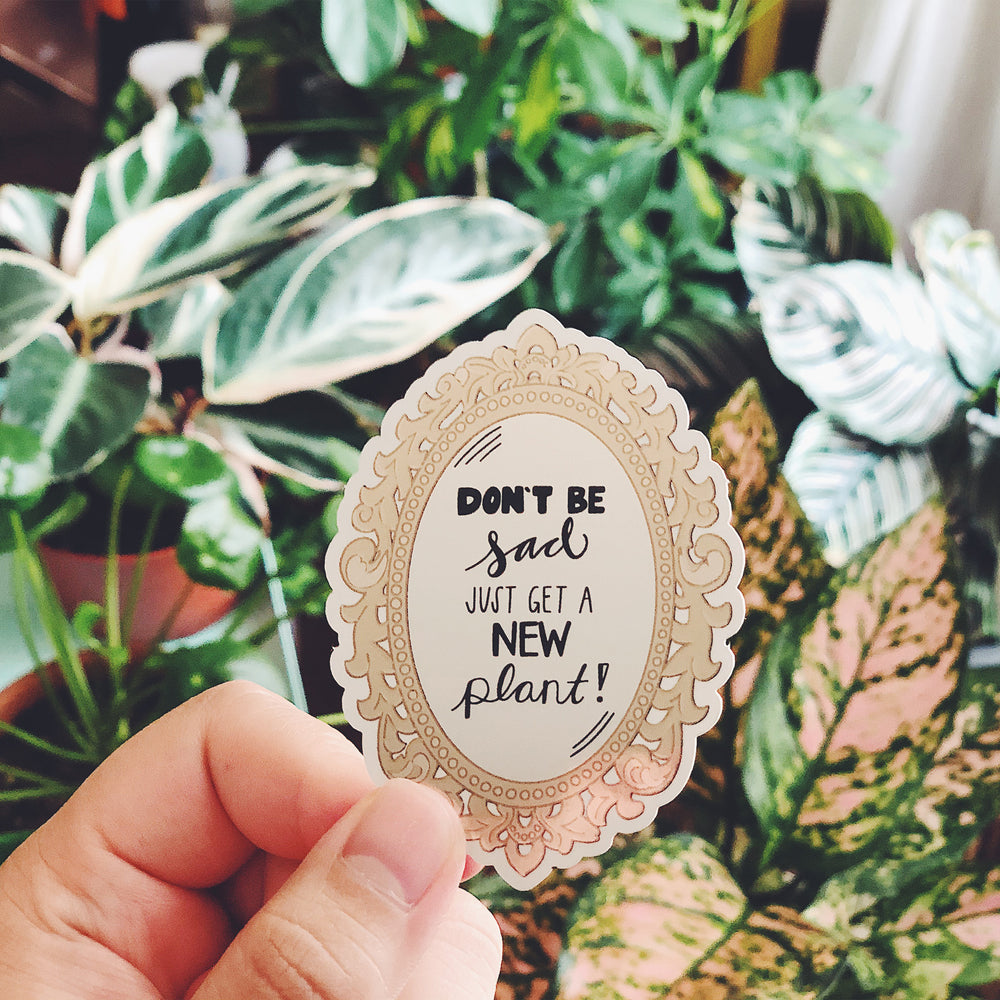 Decorative sticker with text 'Don't be sad, just get a new plant!' held in front of plants.