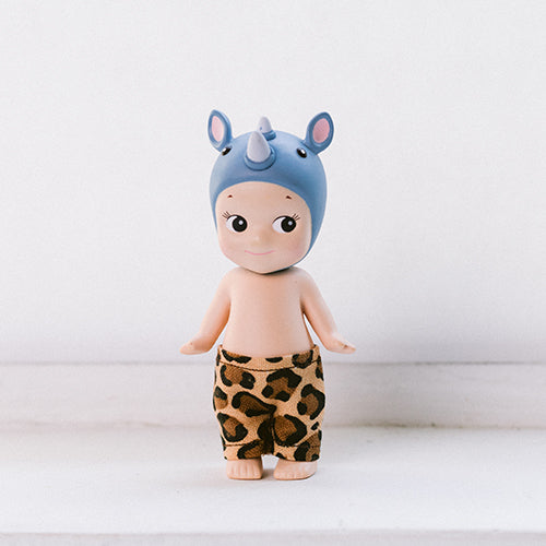 Sonny Angel Figurine wearing handmade cheetah print pants. Sonny Angel clothes handmade to size. 