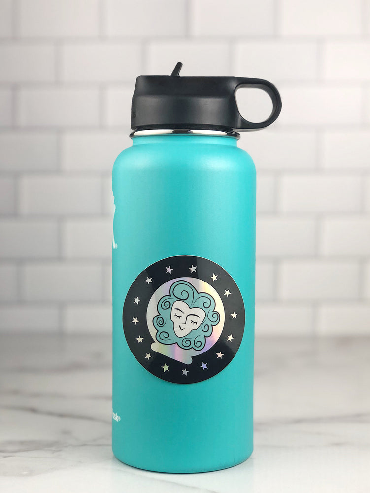 Madame Leota Sticker on a teal water bottle