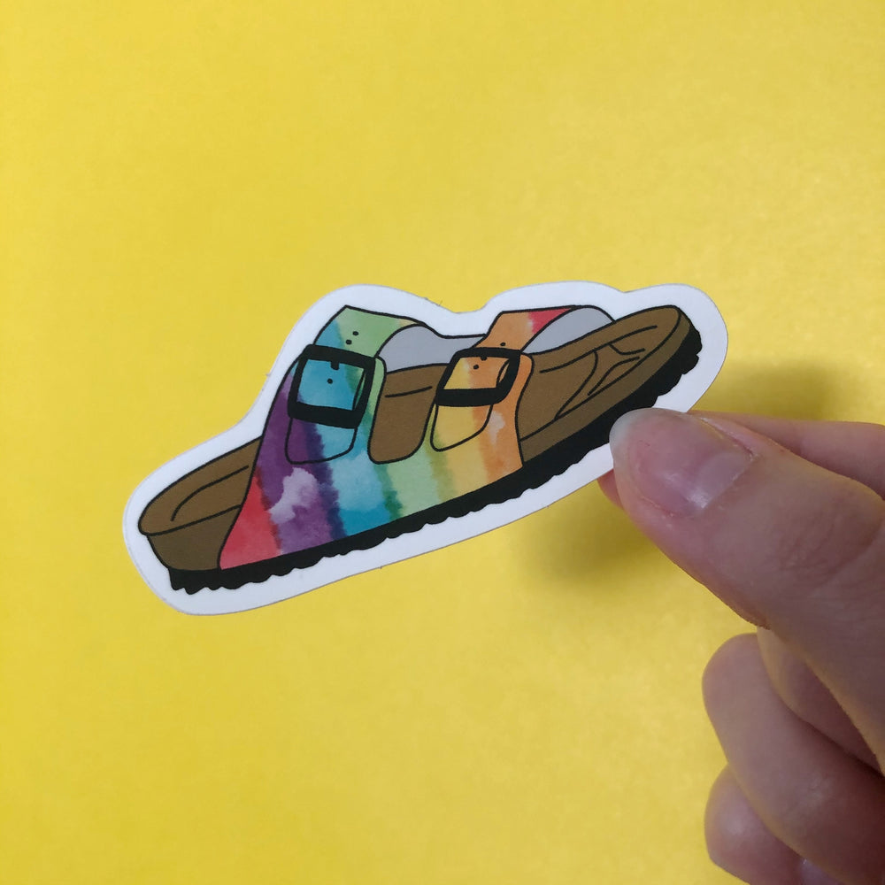 Rainbow Sandal Sticker on a yellow background